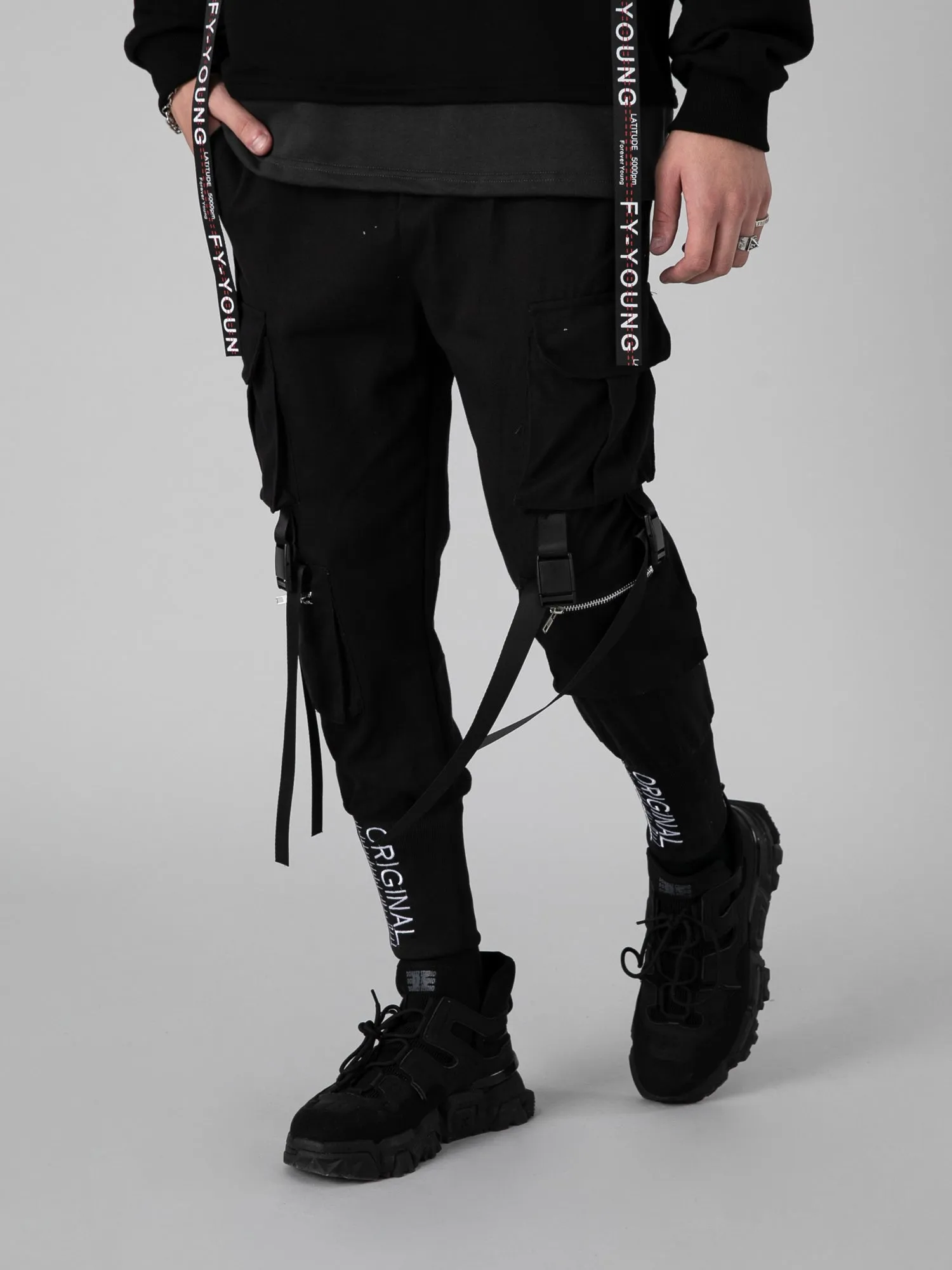 JUSTNOTAG Black Tight Strapped Jogger Pants