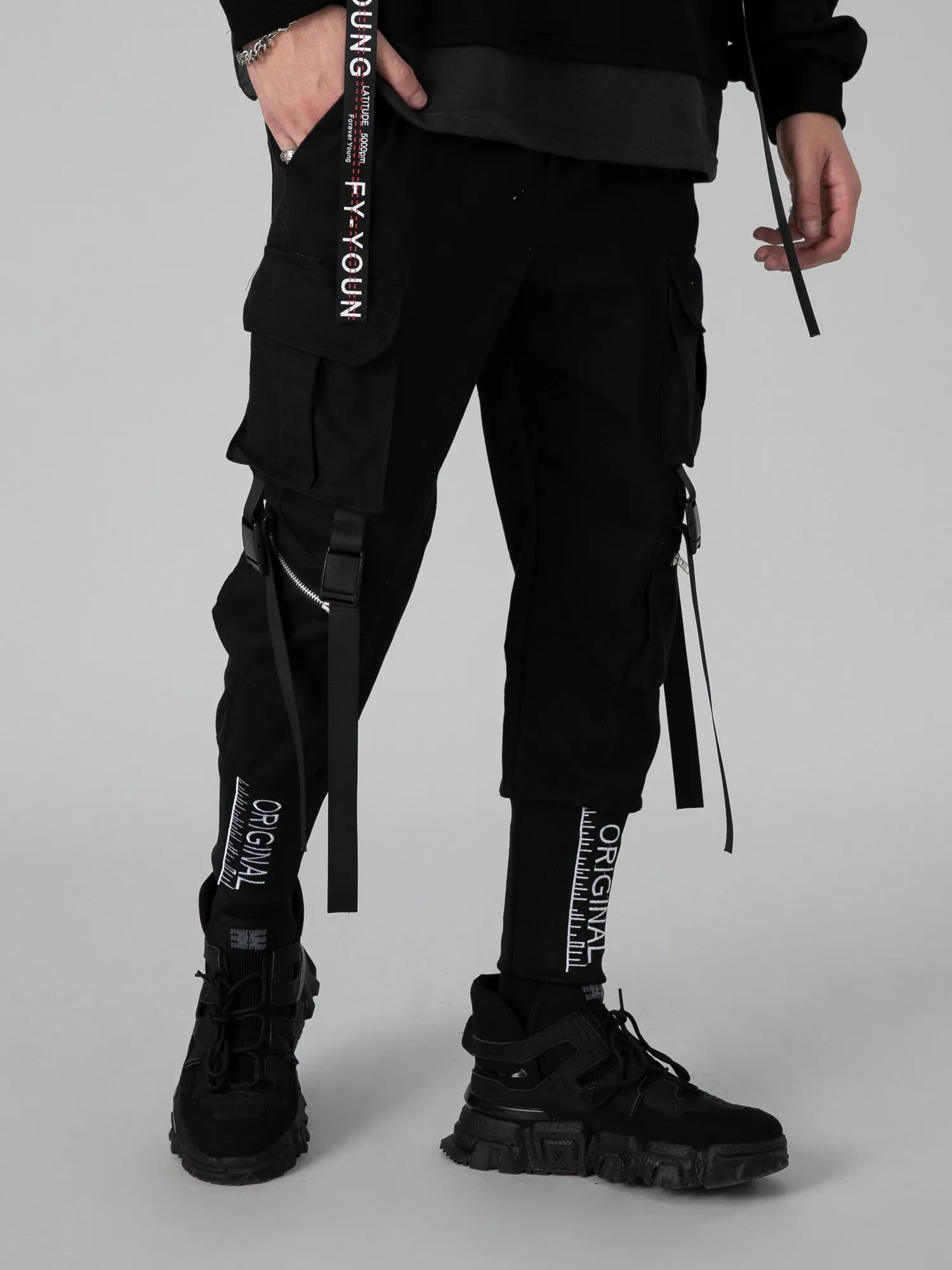 JUSTNOTAG Black Tight Strapped Jogger Pants