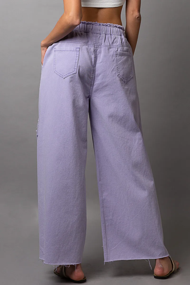 Lavender Distressed Denim Wide Leg Pants