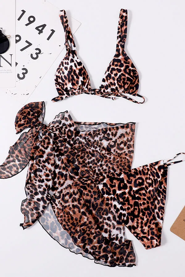 Leopard Print Stylish Beach Three Pieces Swimwear