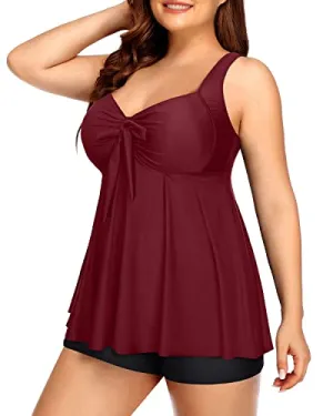Long Flowy Plus Size Bathing Suit For Women With High Waisted Boyshort-Maroon