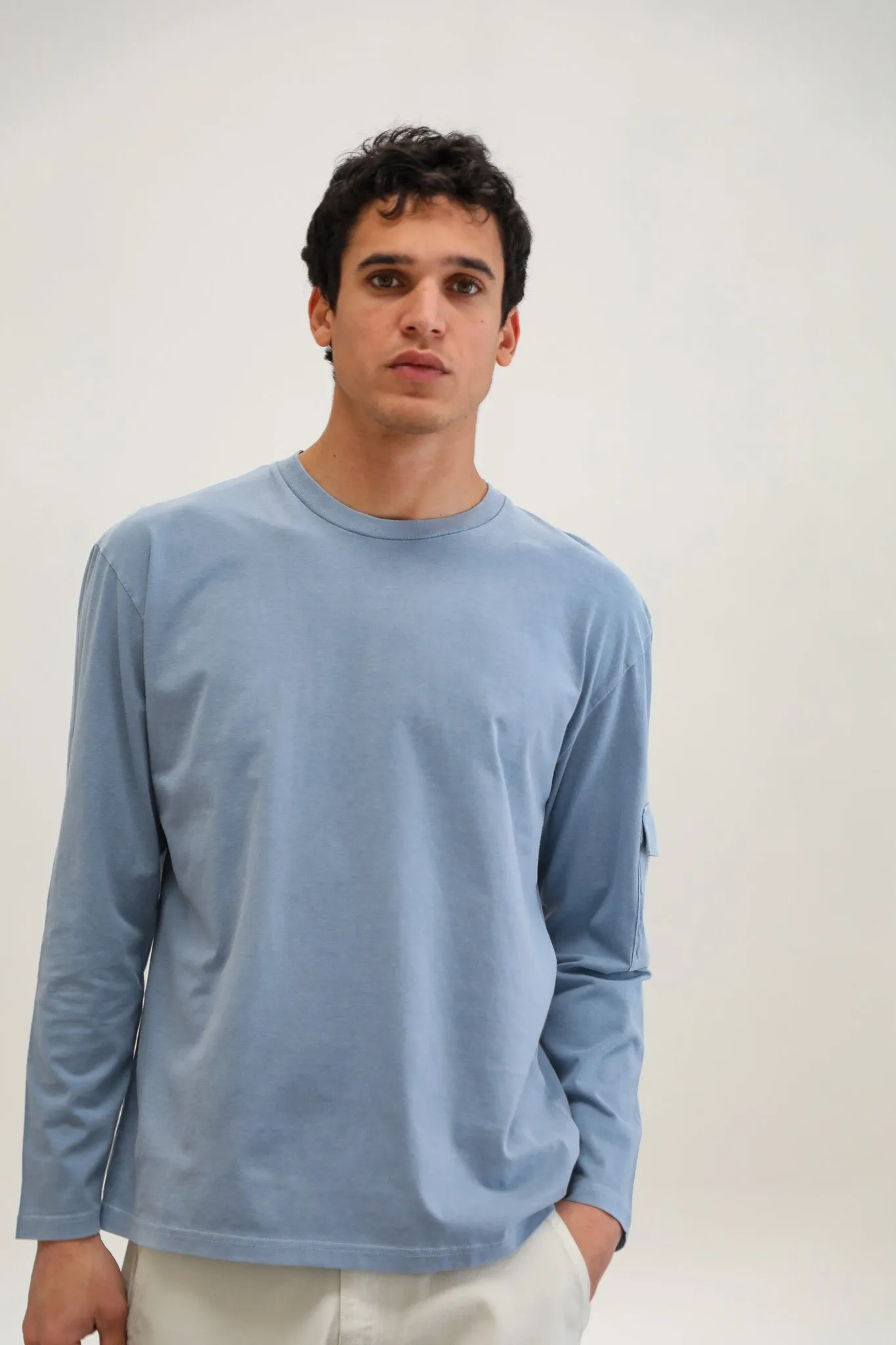Long Trendy Side Pocket T-Shirt Light Blue