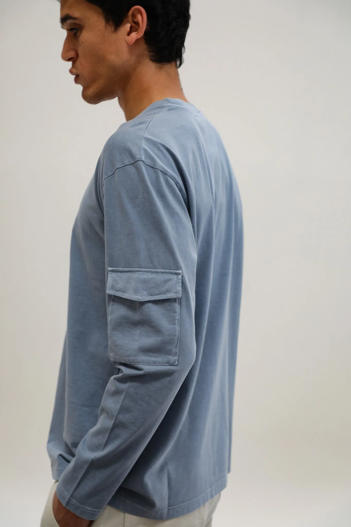 Long Trendy Side Pocket T-Shirt Light Blue