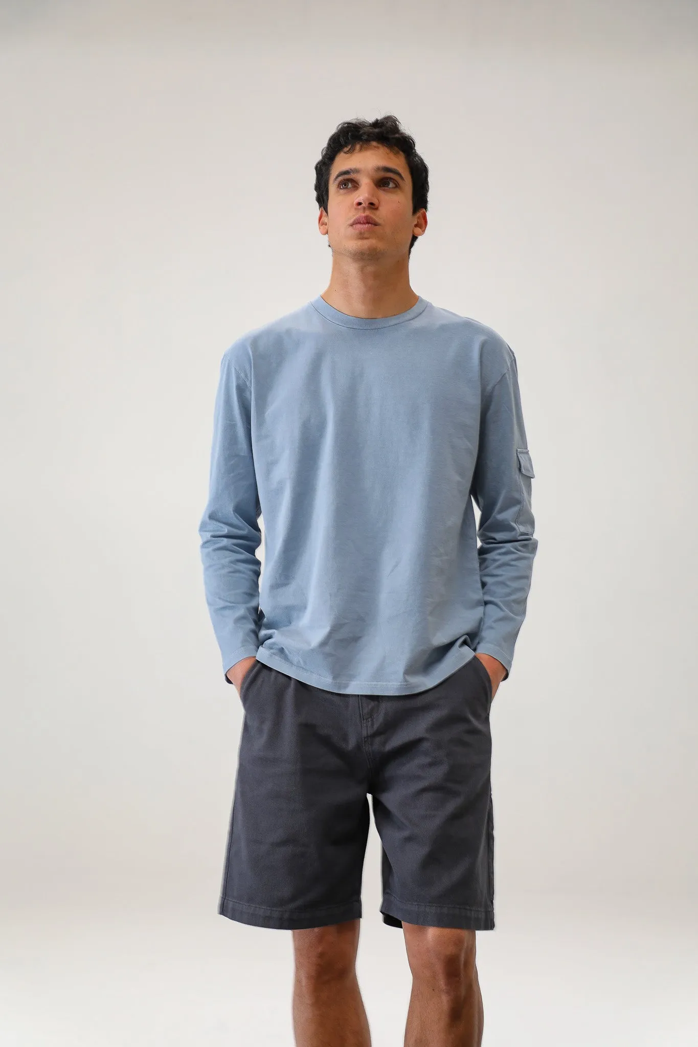 Long Trendy Side Pocket T-Shirt Light Blue