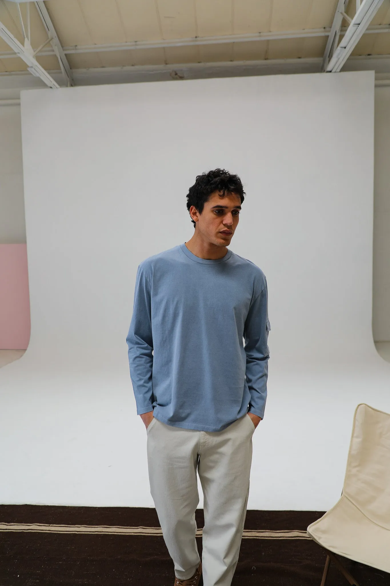 Long Trendy Side Pocket T-Shirt Light Blue
