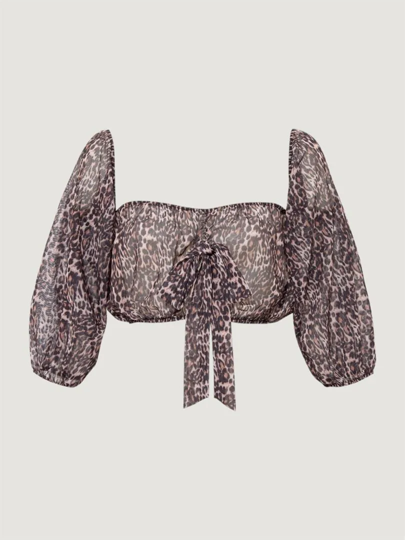 Low Shoulder Functional Tie Crop Blouse -Leopard Pattern