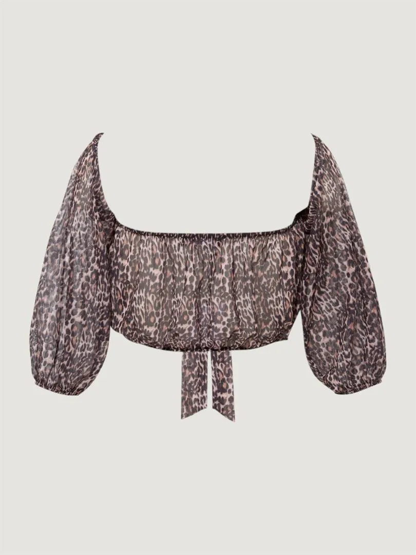 Low Shoulder Functional Tie Crop Blouse -Leopard Pattern