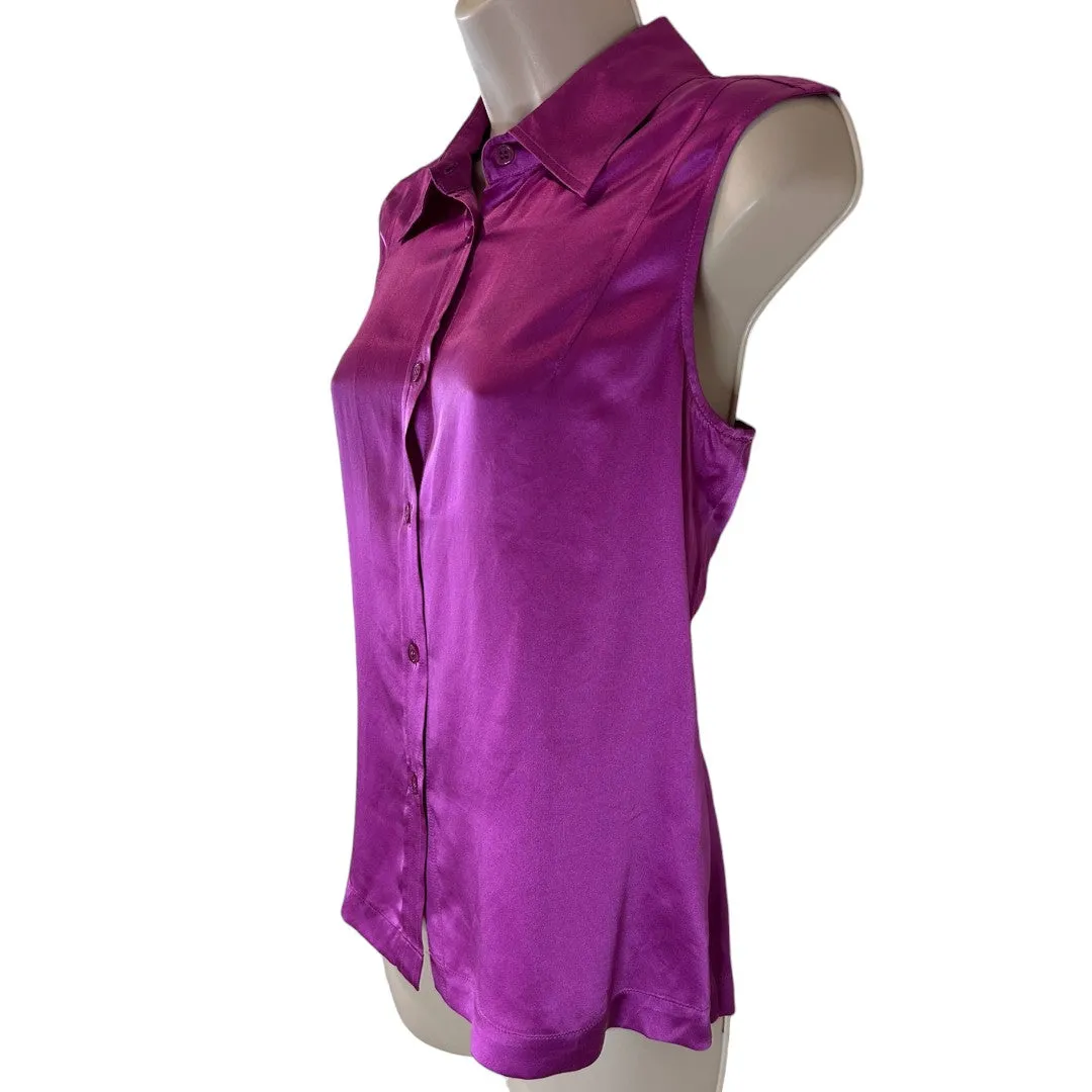 Luxurious Purple 100% Silk Sleeveless Button-Down Blouse