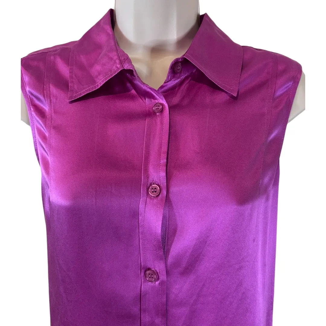 Luxurious Purple 100% Silk Sleeveless Button-Down Blouse