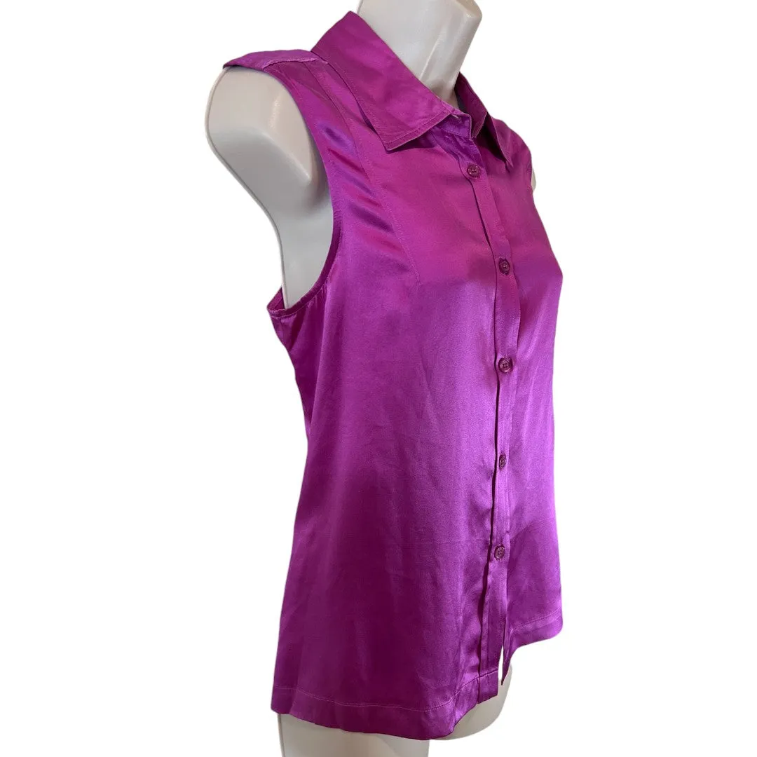 Luxurious Purple 100% Silk Sleeveless Button-Down Blouse