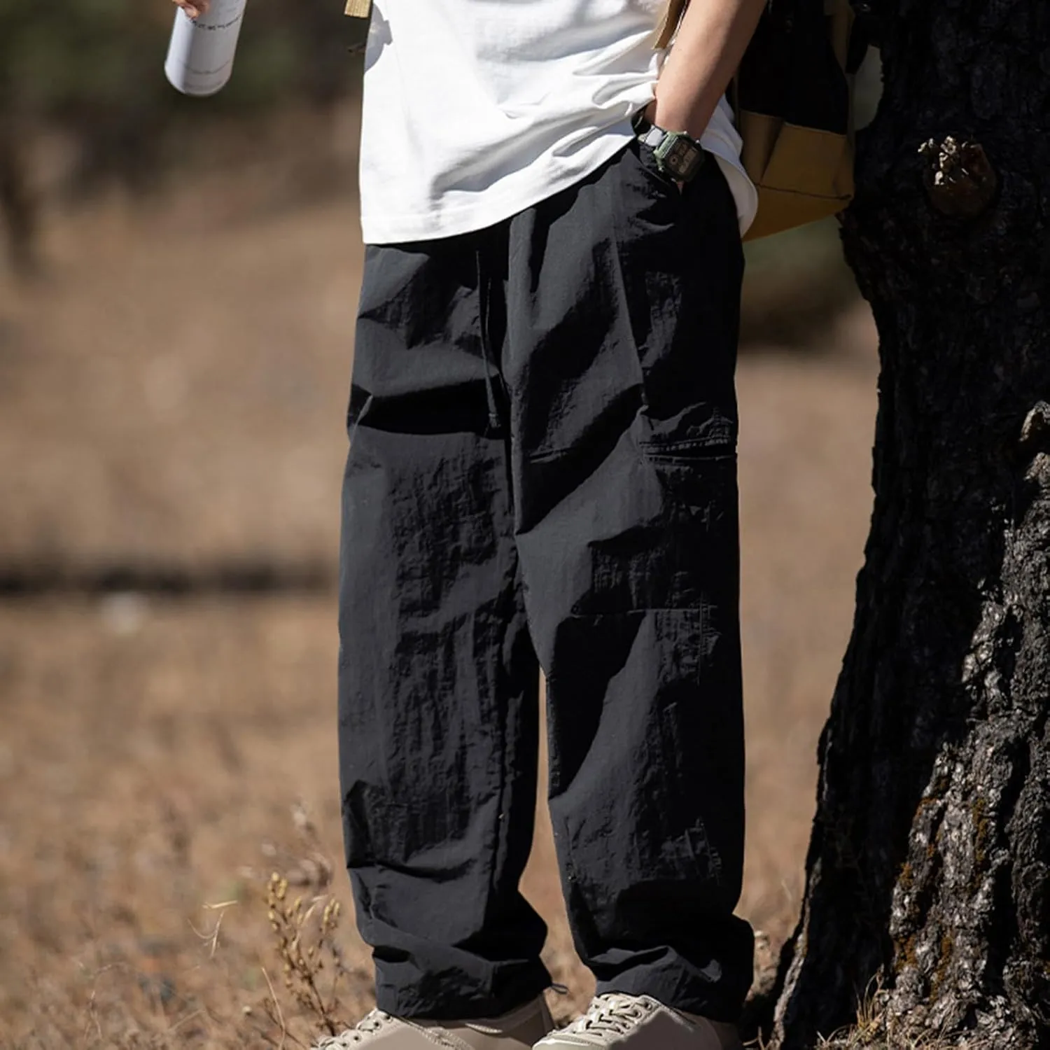 Mens Casual Pants 2024 Fashion Boho Drawstring Waist Pants Relaxed Slim Fit Streetwear Trousers with Pockets