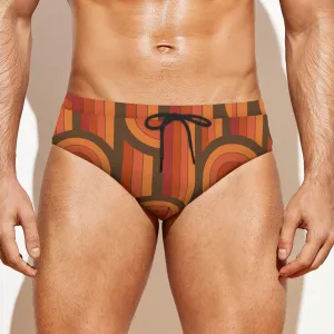 Men's Swim Briefs, 70s Men's Swimwear, Men's Vintage Style Swim Brief, Orange Brown 70s Print Swim Brief