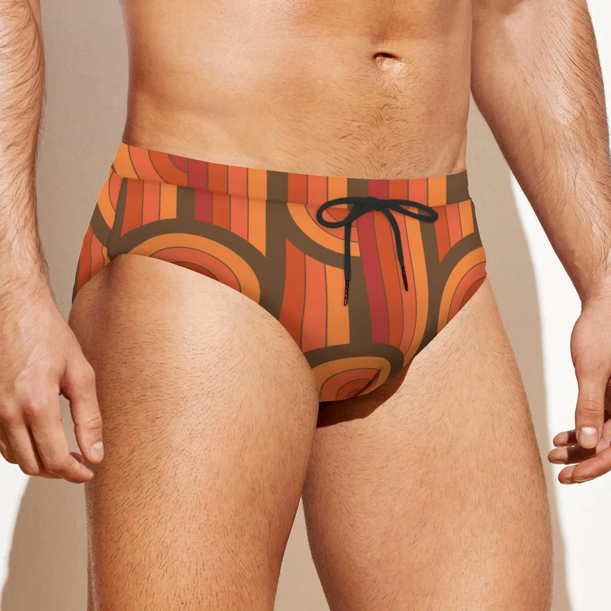 Men's Swim Briefs, 70s Men's Swimwear, Men's Vintage Style Swim Brief, Orange Brown 70s Print Swim Brief