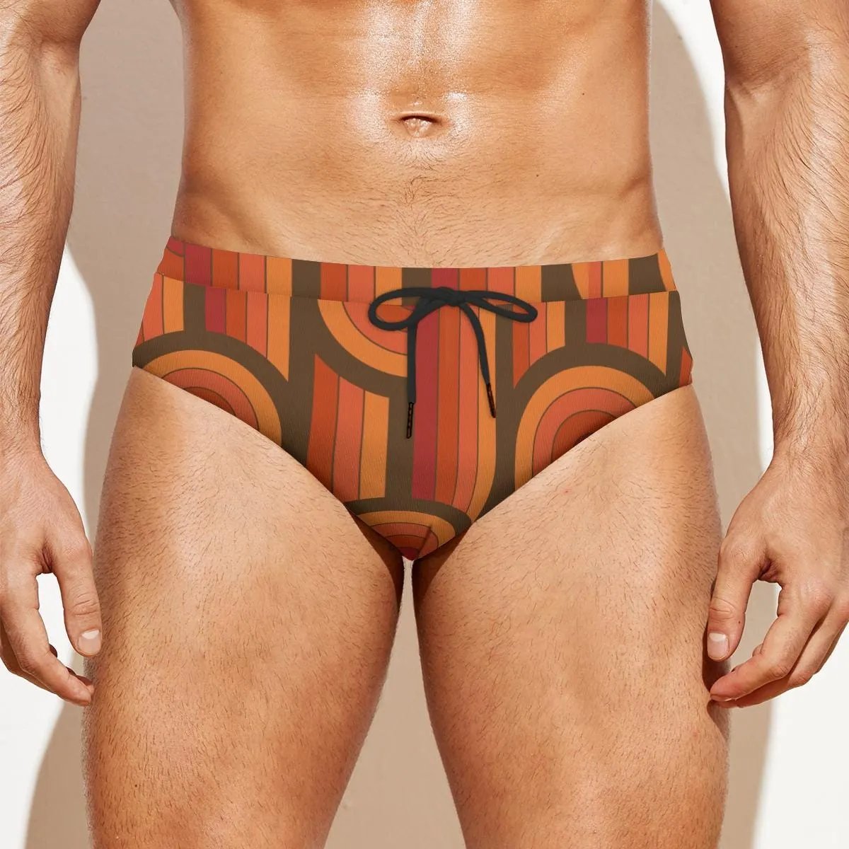 Men's Swim Briefs, 70s Men's Swimwear, Men's Vintage Style Swim Brief, Orange Brown 70s Print Swim Brief