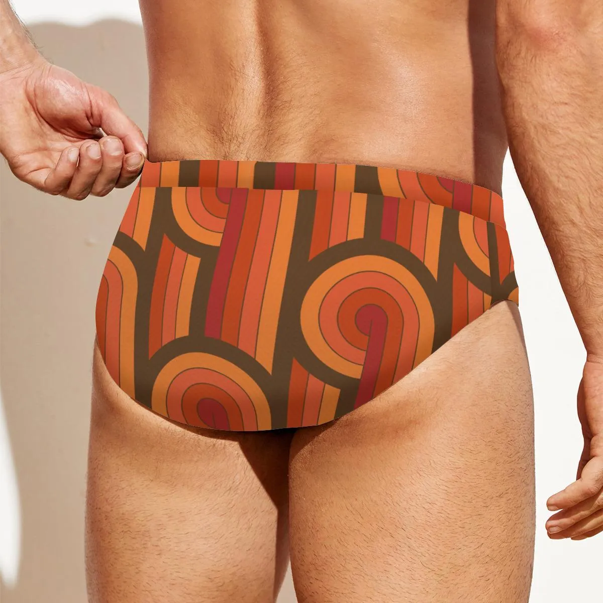 Men's Swim Briefs, 70s Men's Swimwear, Men's Vintage Style Swim Brief, Orange Brown 70s Print Swim Brief