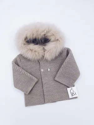MI LOVES Beautiful Beige Knitted Cardigan with Luxurious fur trim.
