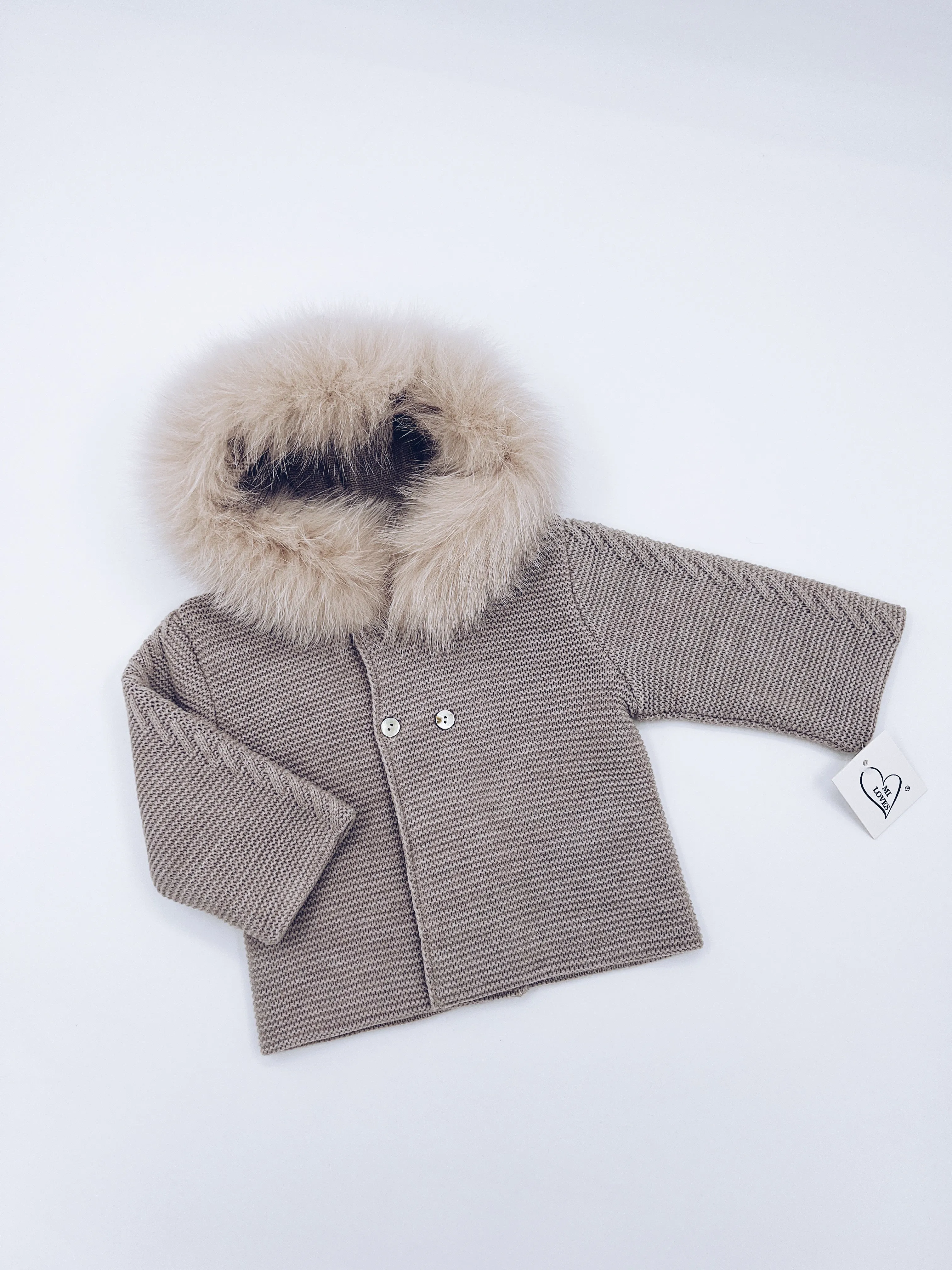 MI LOVES Beautiful Beige Knitted Cardigan with Luxurious fur trim.