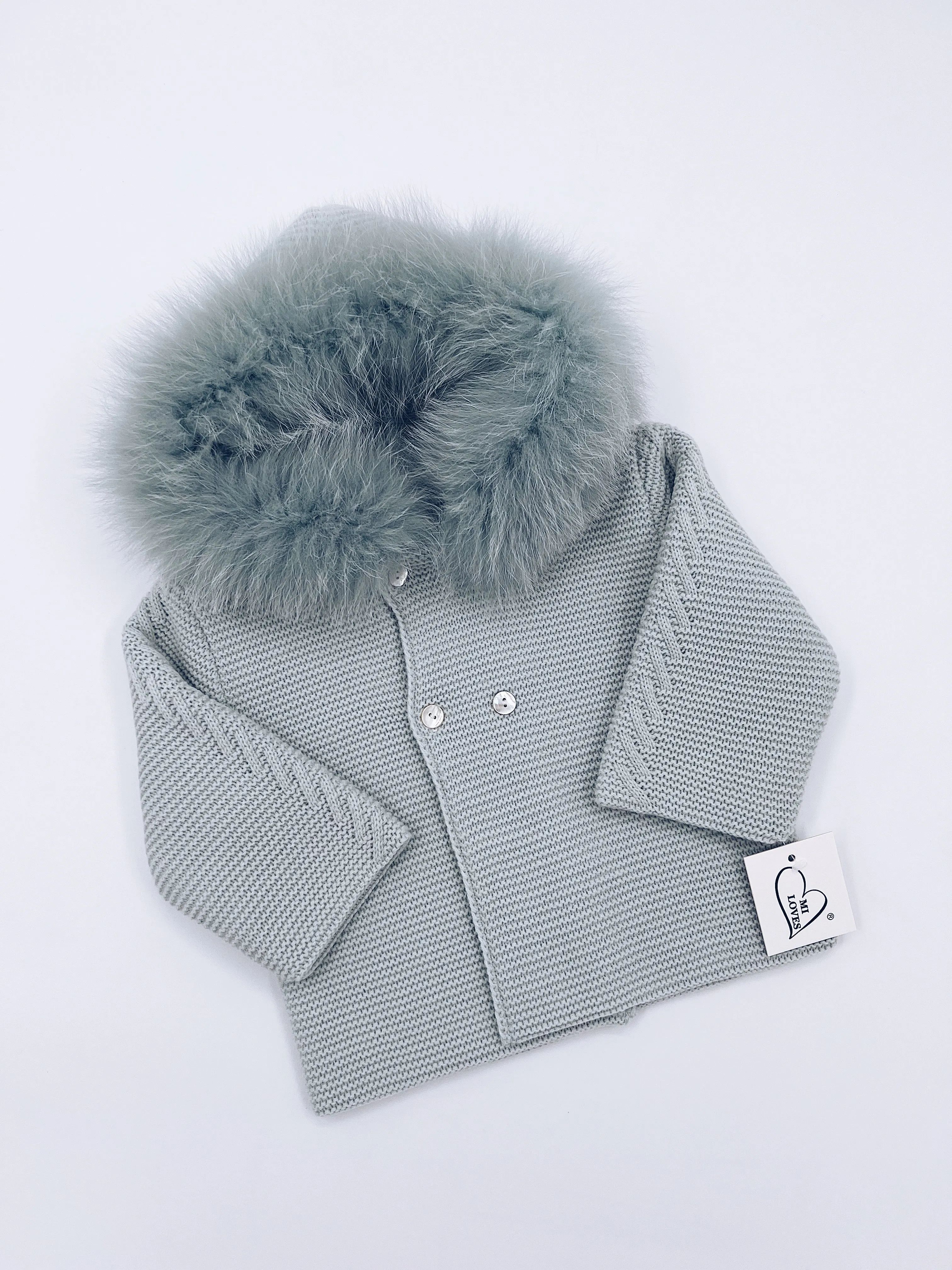 MI LOVES Beautiful Mint Knitted Cardigan with Luxurious fur trim.