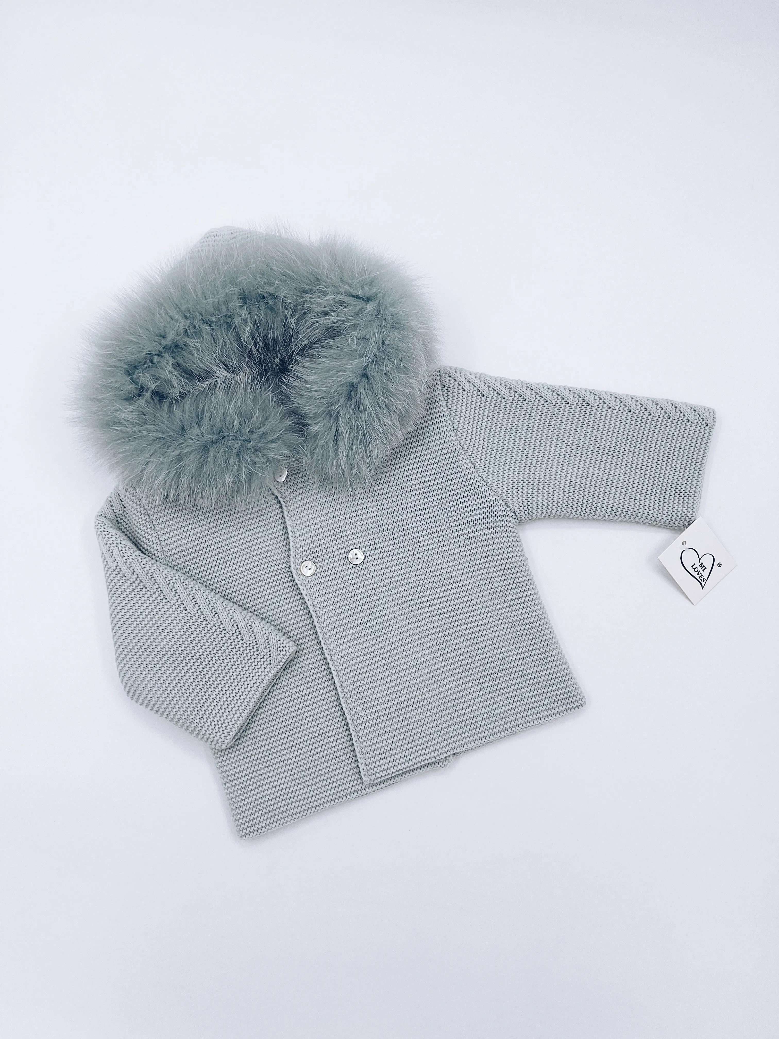 MI LOVES Beautiful Mint Knitted Cardigan with Luxurious fur trim.