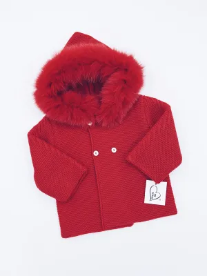 MI LOVES Beautiful Red Knitted Cardigan with Luxurious fur trim.