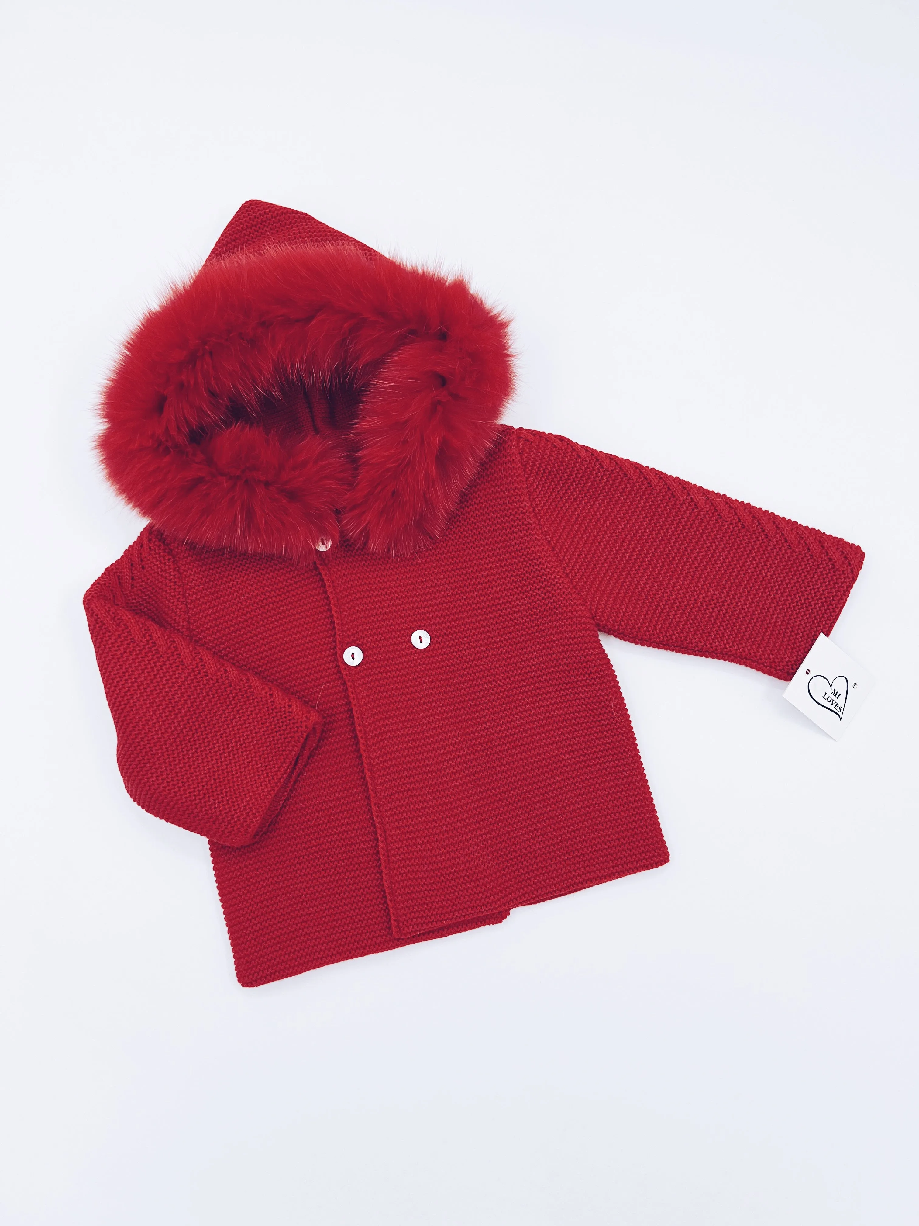MI LOVES Beautiful Red Knitted Cardigan with Luxurious fur trim.