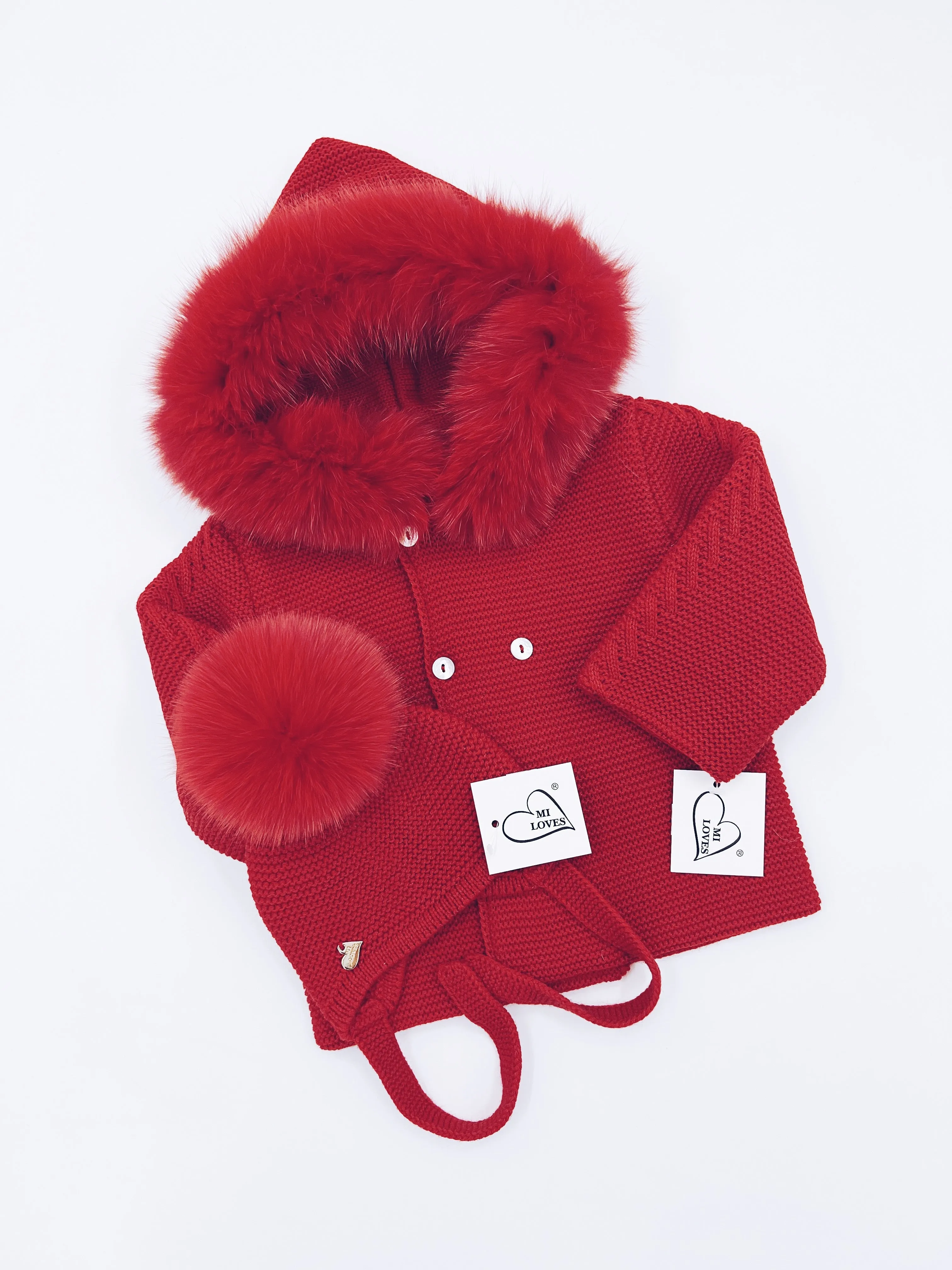 MI LOVES Beautiful Red Knitted Cardigan with Luxurious fur trim.