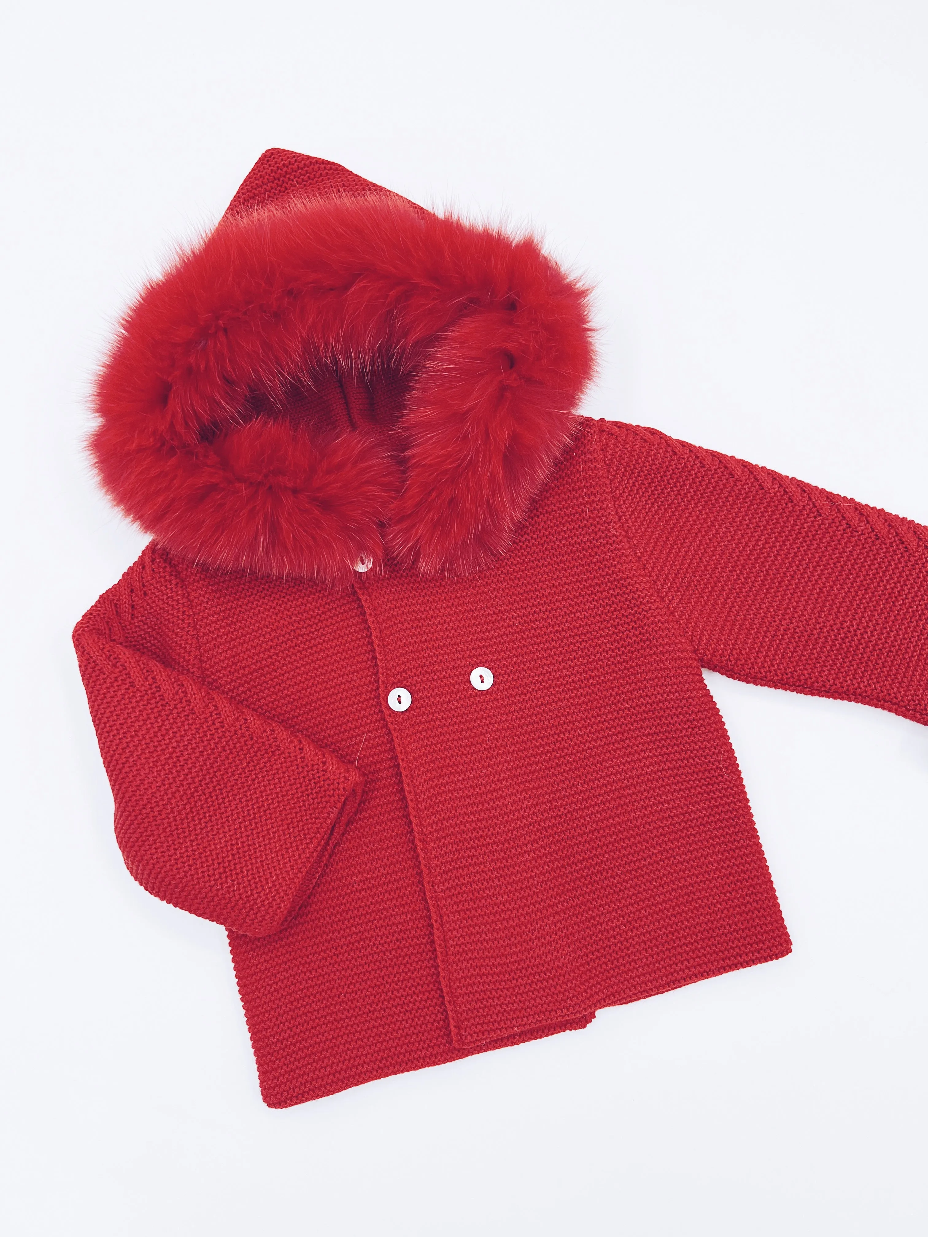 MI LOVES Beautiful Red Knitted Cardigan with Luxurious fur trim.