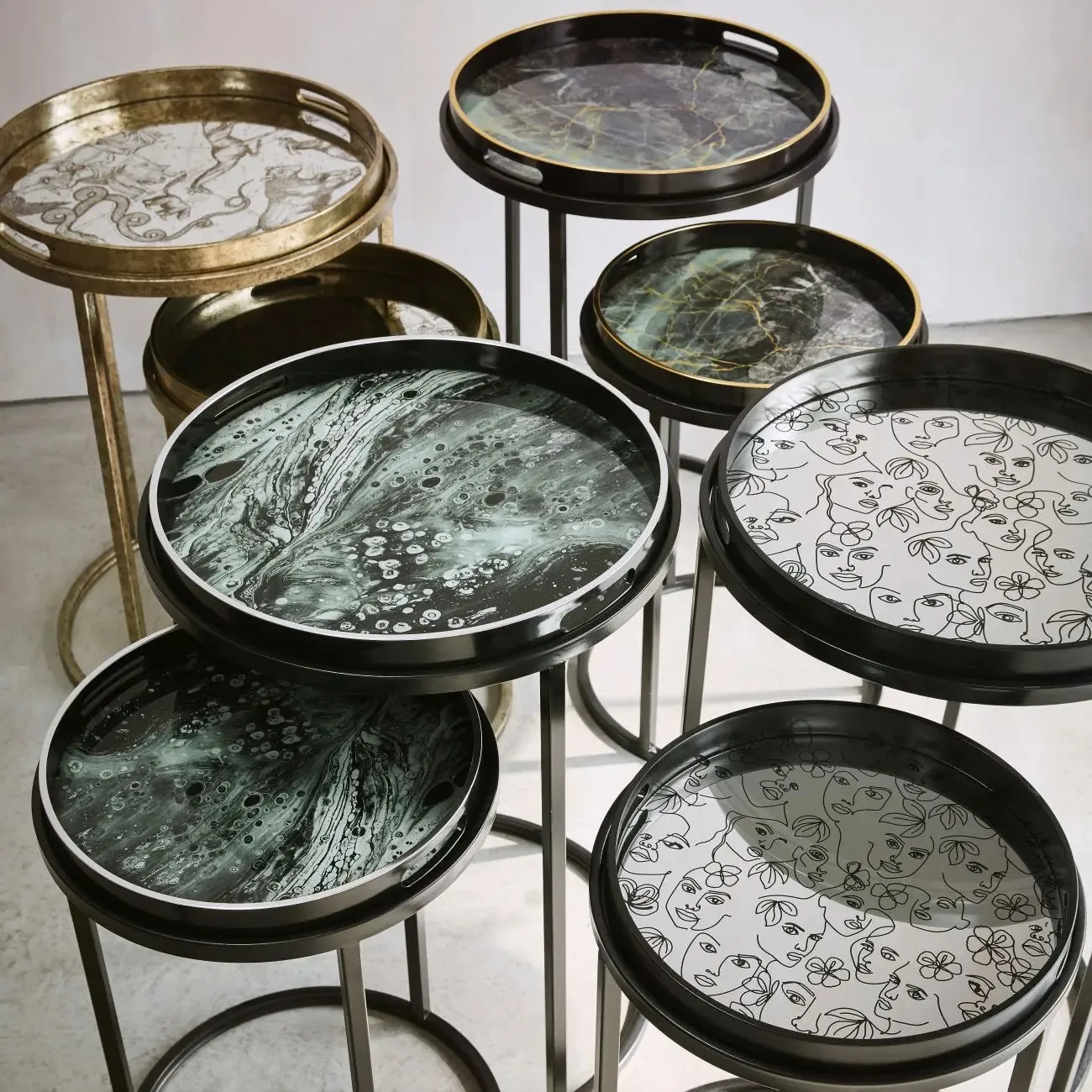 Monochrome Swirl Detachable Tray Nested Side Table (Set of 2)