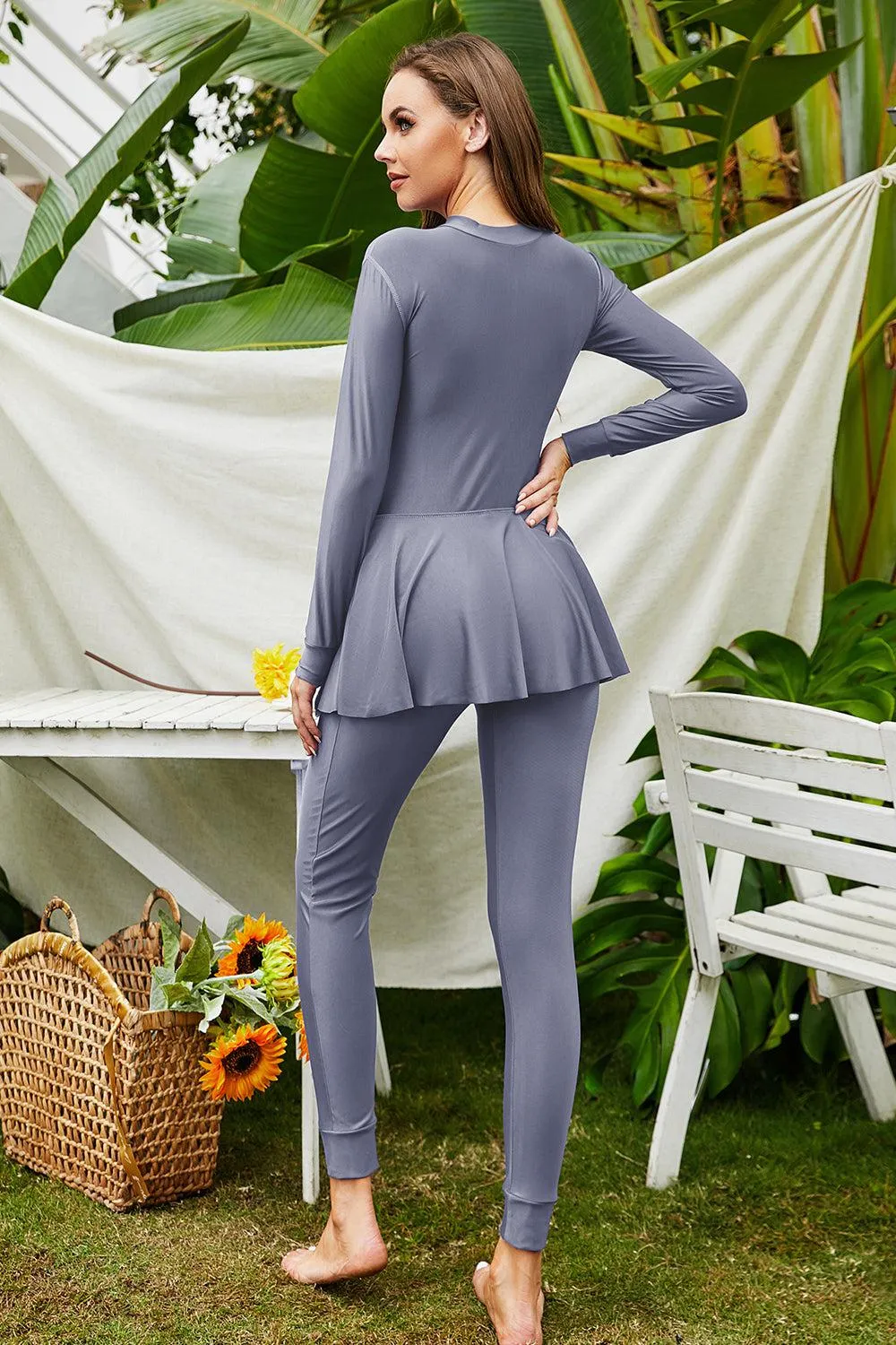 Muslim Long Sleeve Skirted Pants Burkini Swimwear