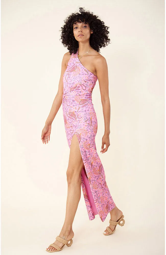 One Shoulder Maxi Print Dress Pink