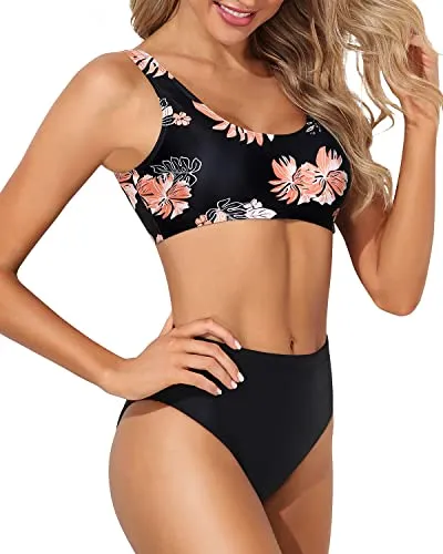 Padded Push Up Bra Support Sports Two Piece Bikini For Women-Black Orange Floral