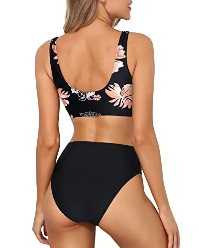 Padded Push Up Bra Support Sports Two Piece Bikini For Women-Black Orange Floral