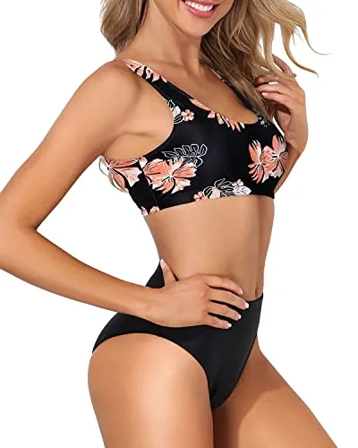 Padded Push Up Bra Support Sports Two Piece Bikini For Women-Black Orange Floral