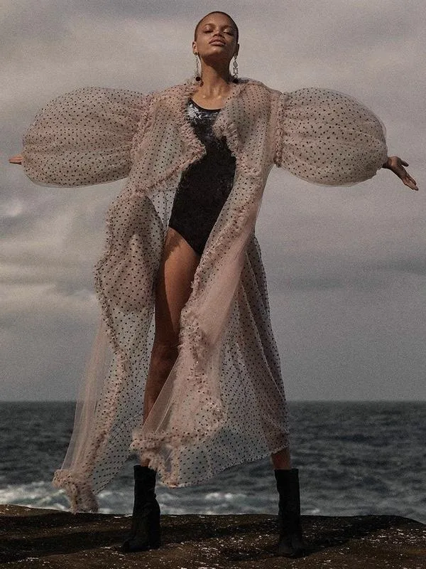 Polka Dot See-through Mesh Lantern Sleeve Large Long Bikini Cover-up