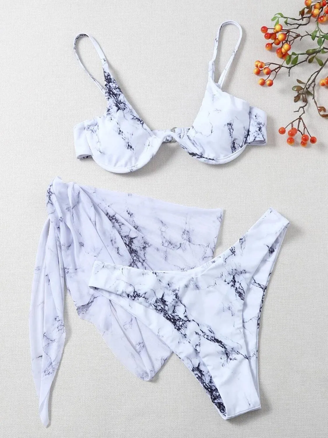 Printed Bikini With Sarong Three Piece Swim Set