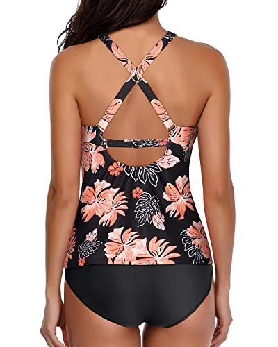 Push Up Bra High Neck Tankini Swimsuits Shorts-Black Orange Floral