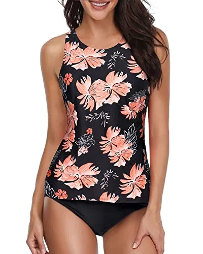 Push Up Bra High Neck Tankini Swimsuits Shorts-Black Orange Floral