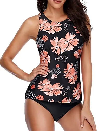 Push Up Bra High Neck Tankini Swimsuits Shorts-Black Orange Floral