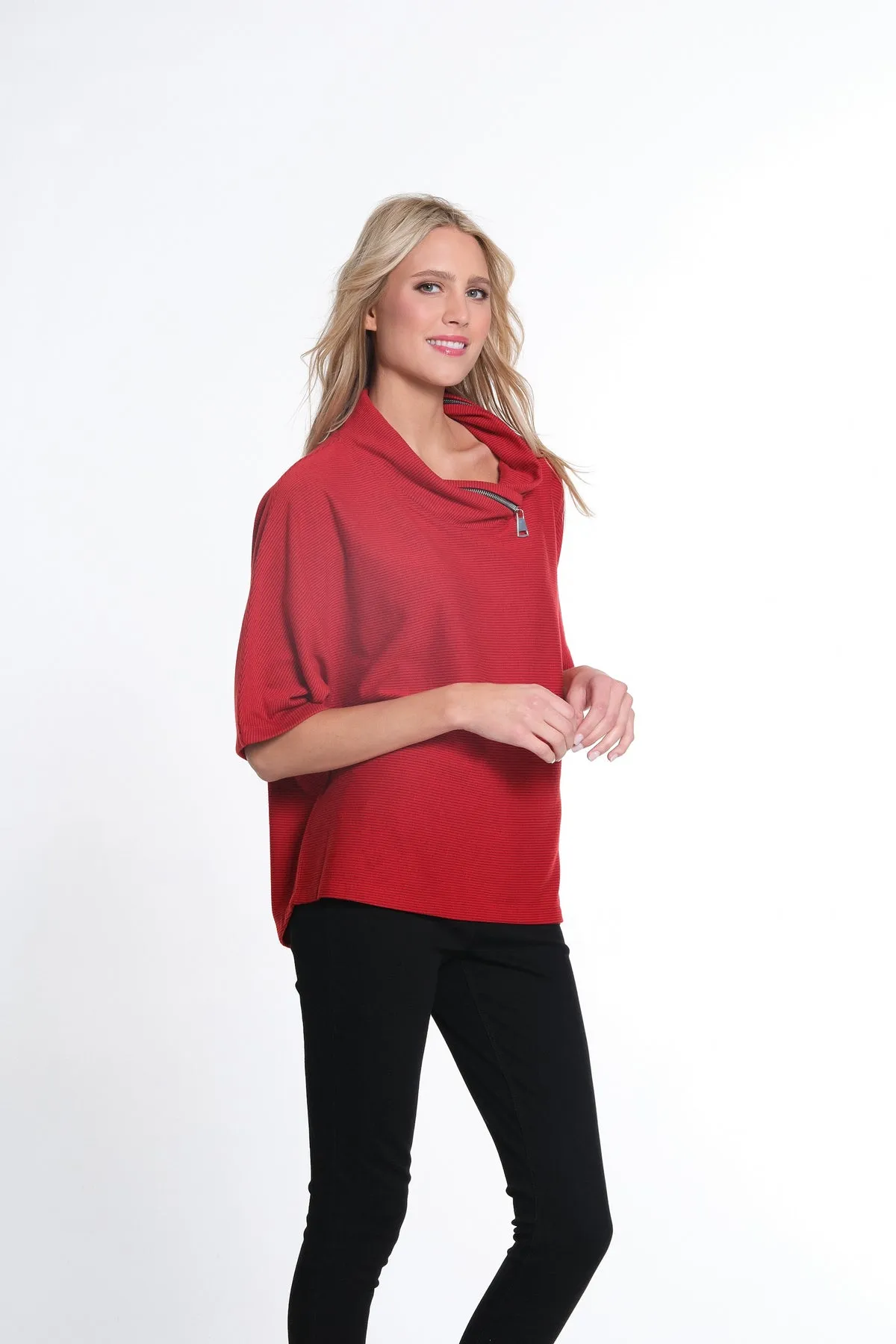 Red Cowl Neck Top w/ Zipper Detail
