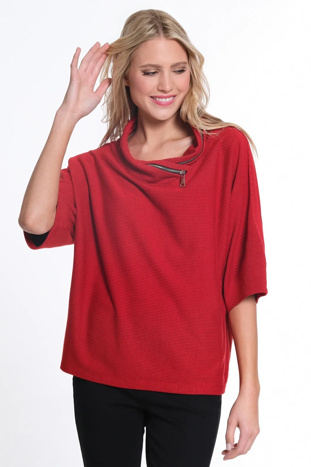 Red Cowl Neck Top w/ Zipper Detail