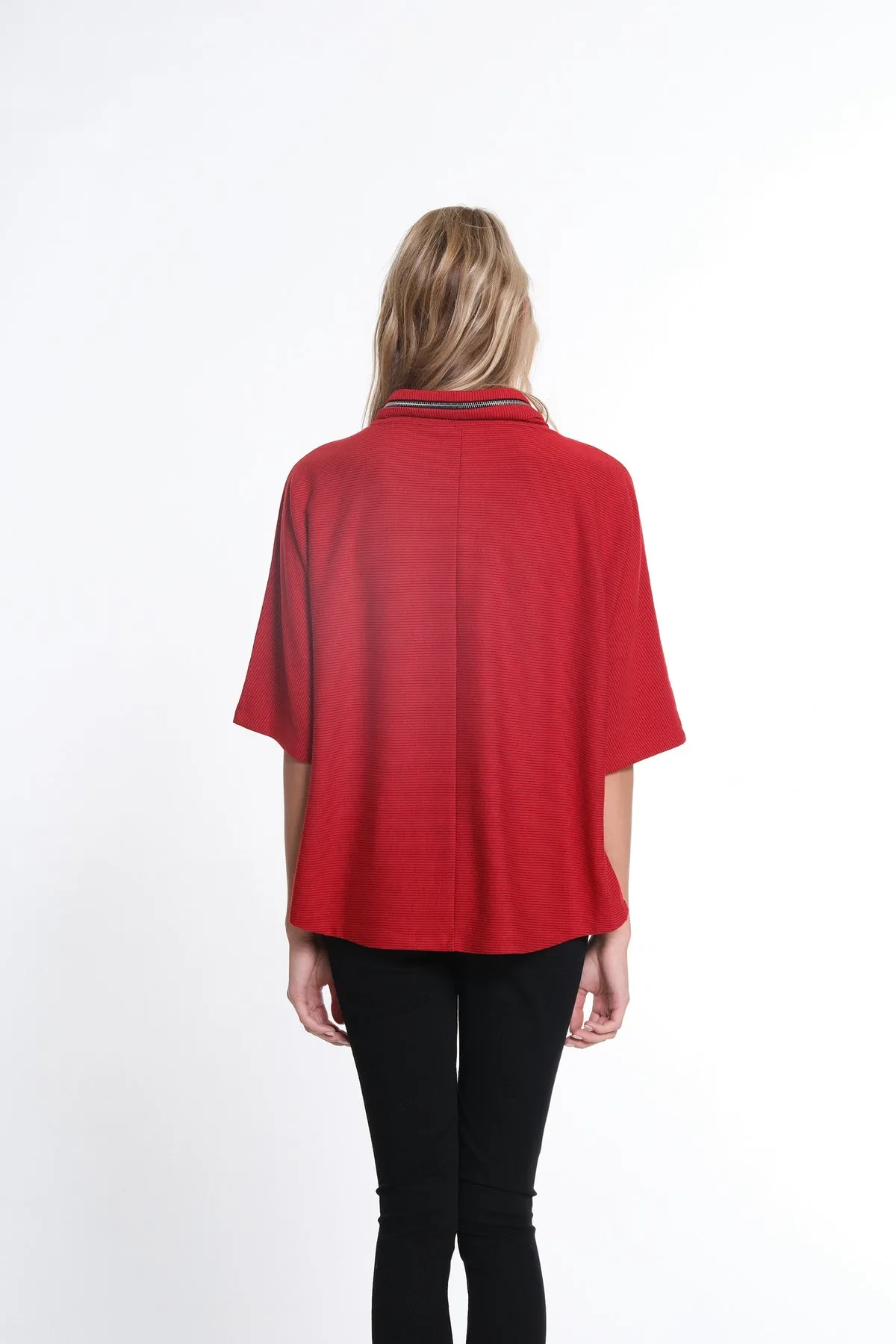 Red Cowl Neck Top w/ Zipper Detail