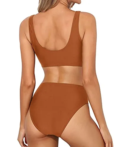 Removable Padded Swimsuit Two Piece Scoop Neck Bikini For Women-Brown