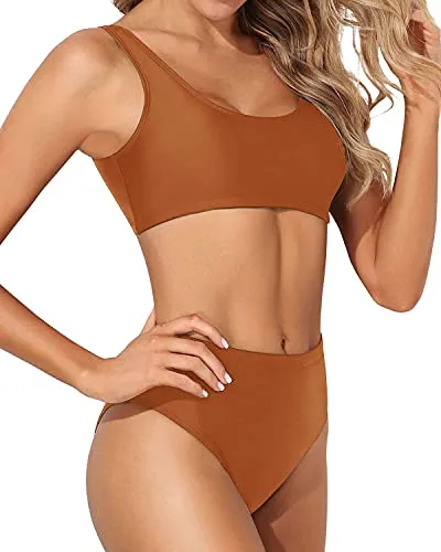 Removable Padded Swimsuit Two Piece Scoop Neck Bikini For Women-Brown