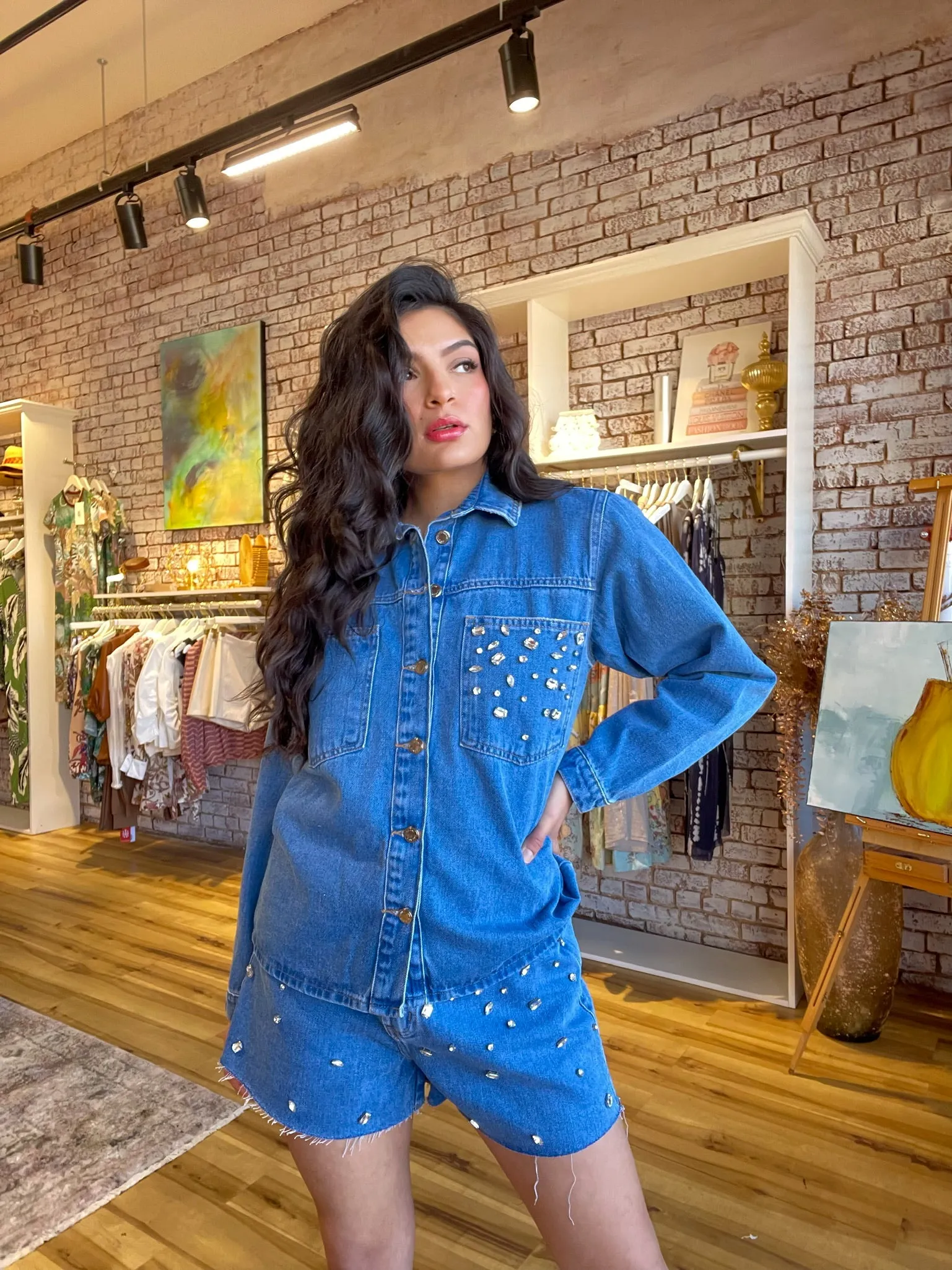 Rhinestone Details Jean Shorts