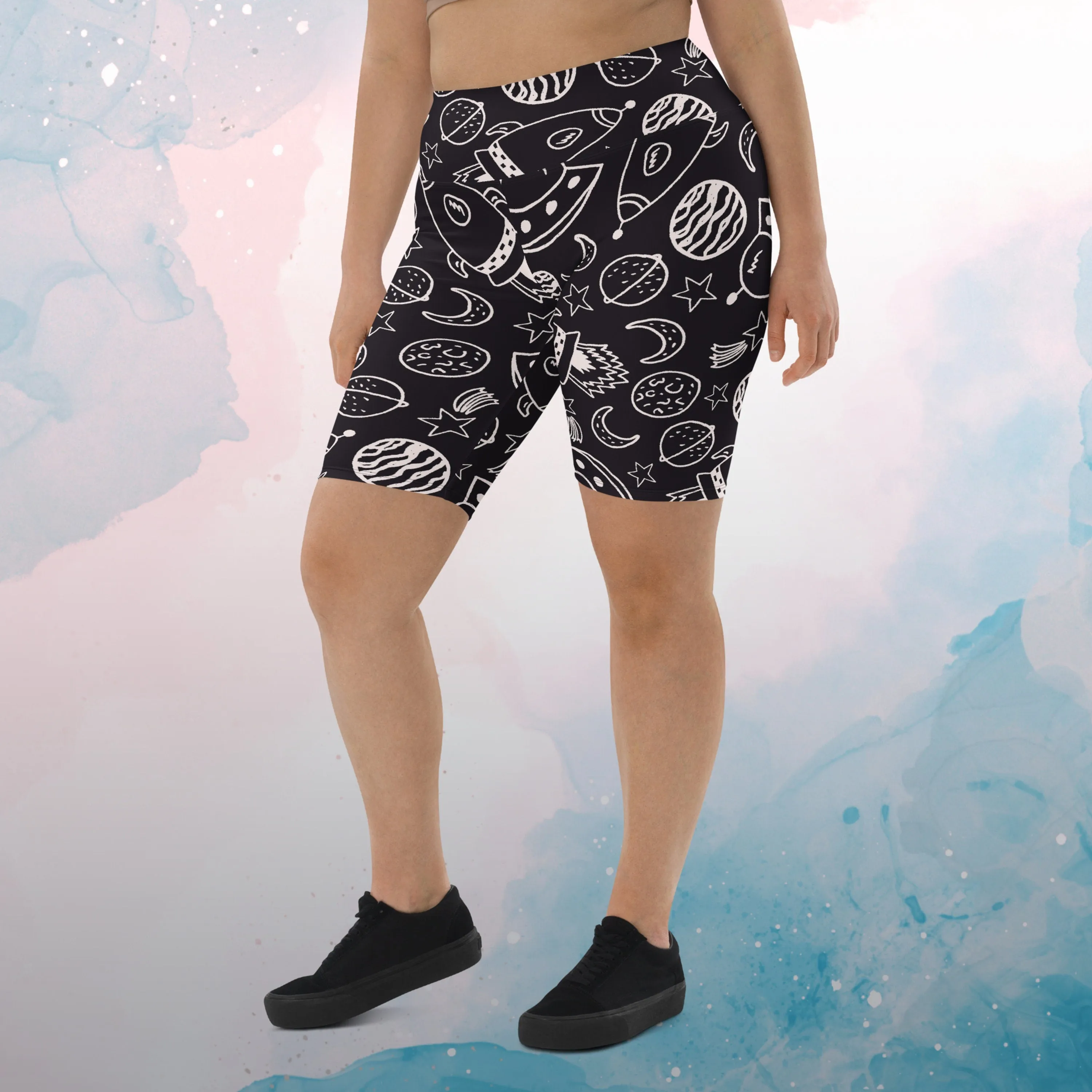 Rocket Ships and Planets Womens Light Weight Long Bike Shorts for Yoga or Swimming