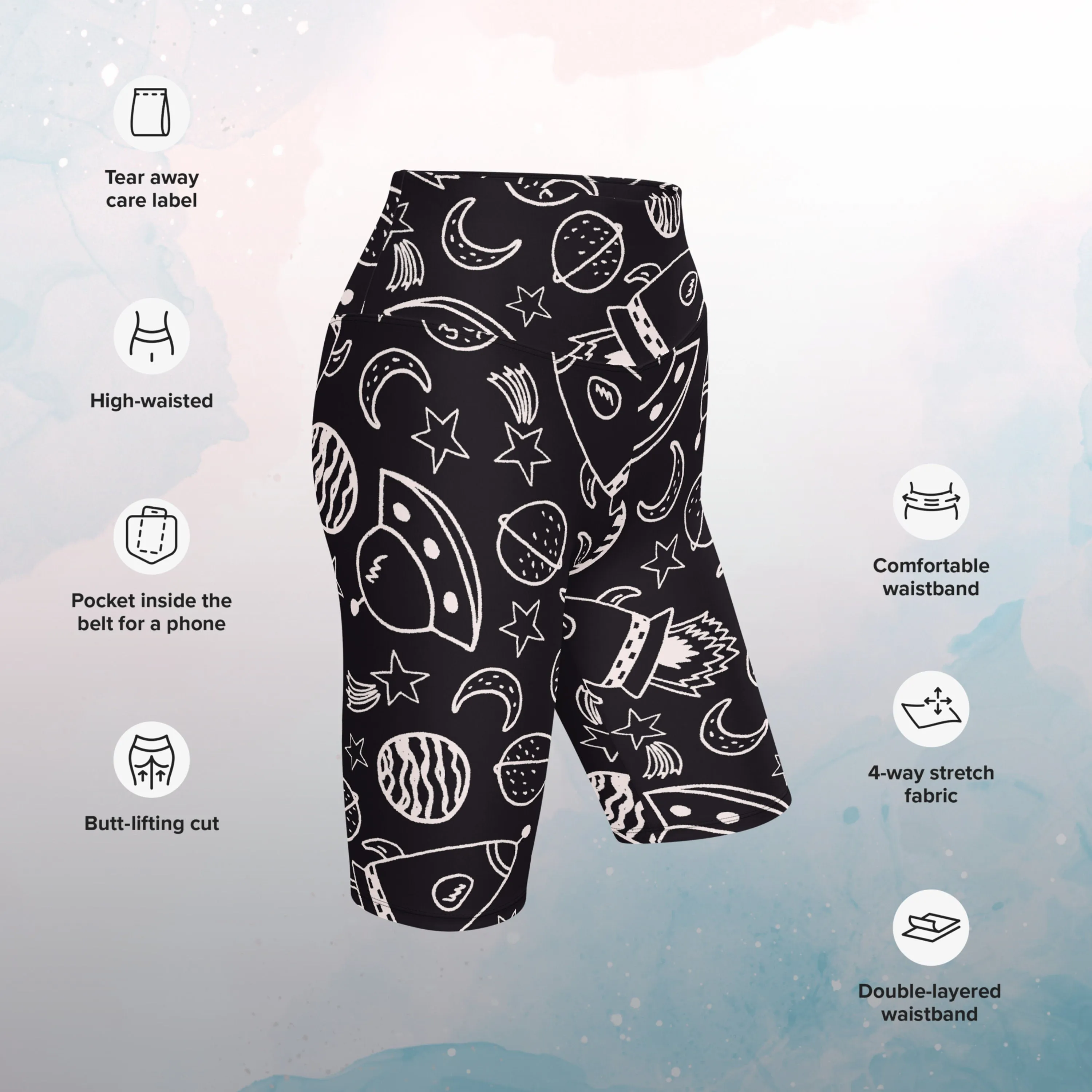 Rocket Ships and Planets Womens Light Weight Long Bike Shorts for Yoga or Swimming