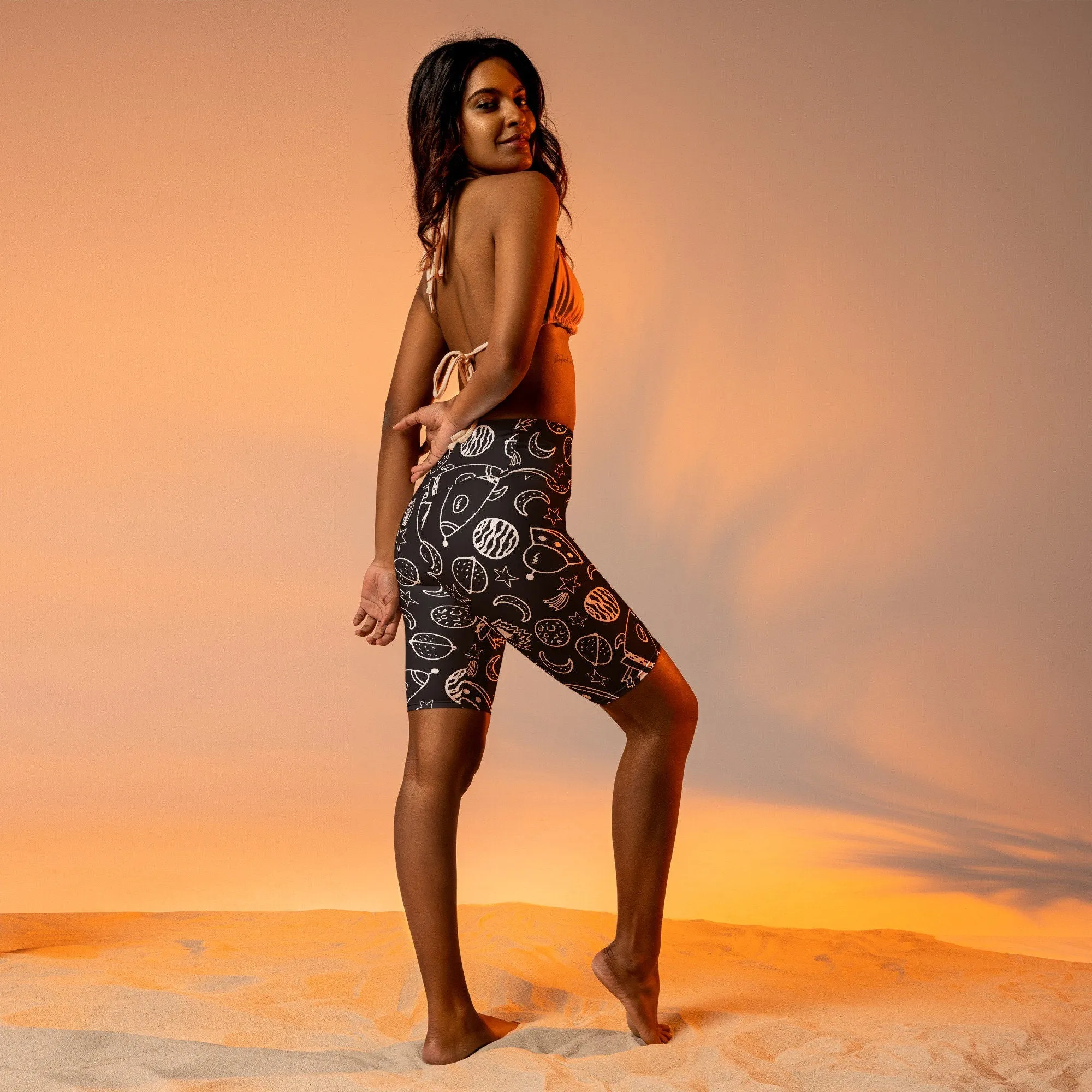 Rocket Ships and Planets Womens Light Weight Long Bike Shorts for Yoga or Swimming