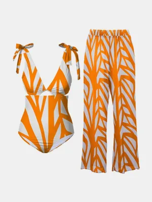 Sassy Tie Shoulder One Piece Swimsuit With Pants
