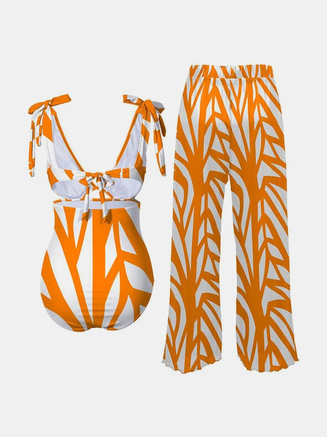 Sassy Tie Shoulder One Piece Swimsuit With Pants