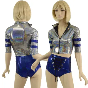 Sporty Silver and Blue Shorts and Top Set with Laceup, Stripes, and Zipper